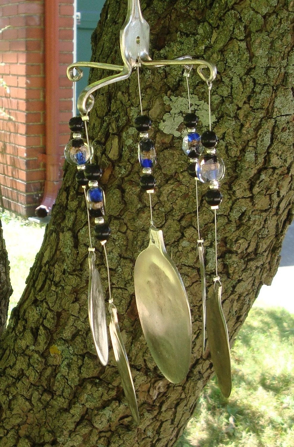 Fork Wind Chime with Glass and Silver Plate by WhimsicalWonders