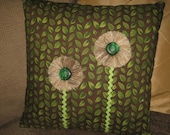 Brown & Green Pillow "HAPPY PLANET" Fringe Flower Pillow, Green Leaves (Debbie Mumm) on Brown, Art Deco Pillow, Nature Pillow