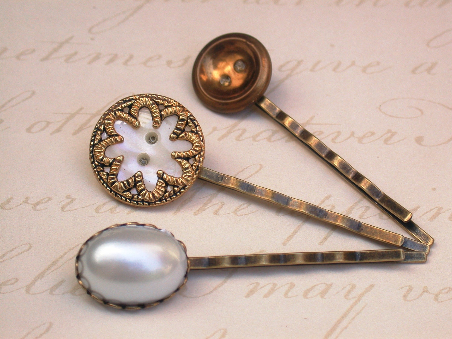A Touch of Vintage  - A Set of Three Fabulous Vintage Buttons Hair Bobby Pins