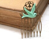 Hair Comb -  Mint Green Maroon Bird in Flight Hair Comb  Antique Victorian Style