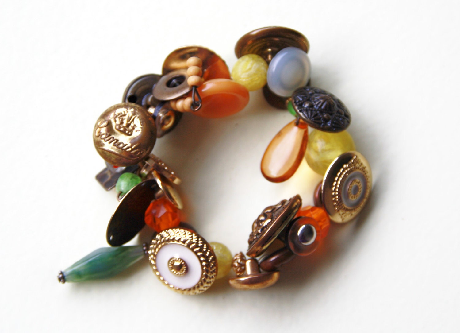 SALE Brass button bracelet, green, yellow, orange