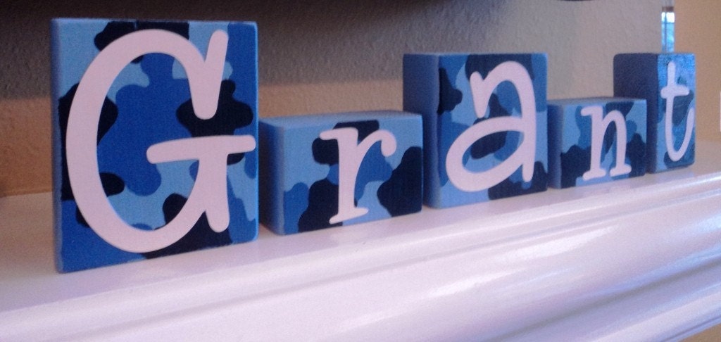 Reserved for M - PERSONALIZED CAMO BLOCKS - Camouflage Letters - Blue Cream - Custom Name - Shelf - Big Boy Room - Nursery - Toddler