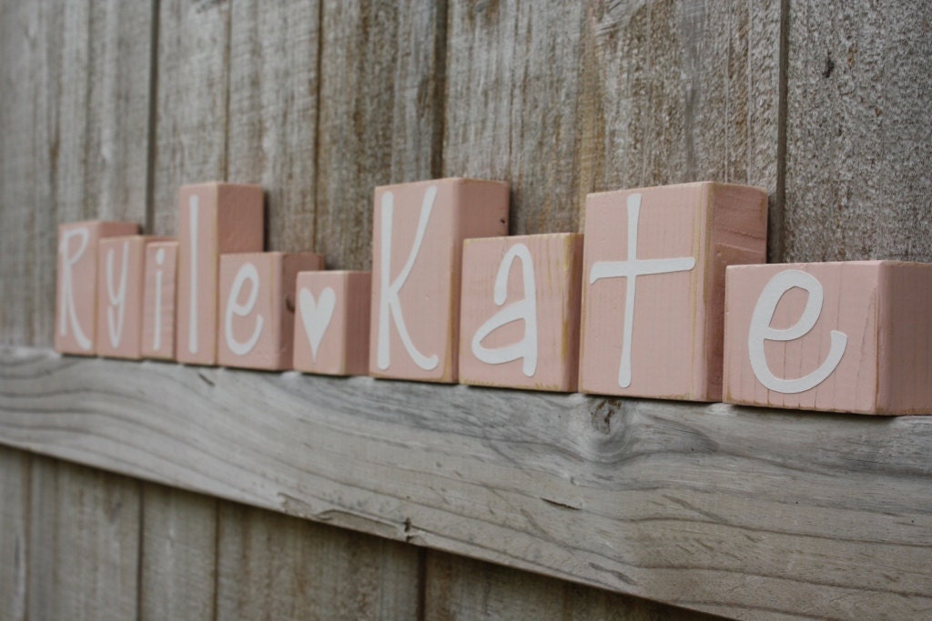 PERSONALIZED NAME BLOCKS - Girl Bedroom - Sign - Peach Pink - Heart - Girly - Custom Letter - Whimical Nursery - Distressed