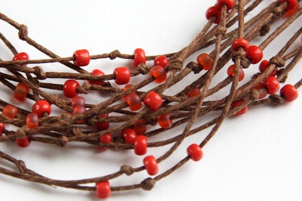 Boho Necklace, Eco Friendly Necklace, Multi Strand Necklace - Natural Polished Brown Hemp -  Orange Red Beads - Bird Nest Fiber Jewelry - KapKaDesign