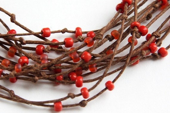 on Vacation / Eco Friendly Necklace - Multi Strand Necklace - Natural Polished Brown Hemp -  Orange Red Beads - Bird Nest Fiber Jewelry TAGT