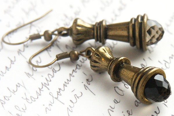 Chess Queen Earrings. Smoky Quartz Crystal. Antique Bronze. Chess Piece. TAGT TEAM