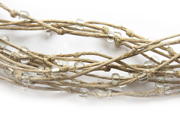 on Vacation / Natural Polished Soft Hemp in Cream Shades.  Multi Strand Necklace. Clear Beads. Bird Nest Fiber  Eco Friendly Fashion Jewelry