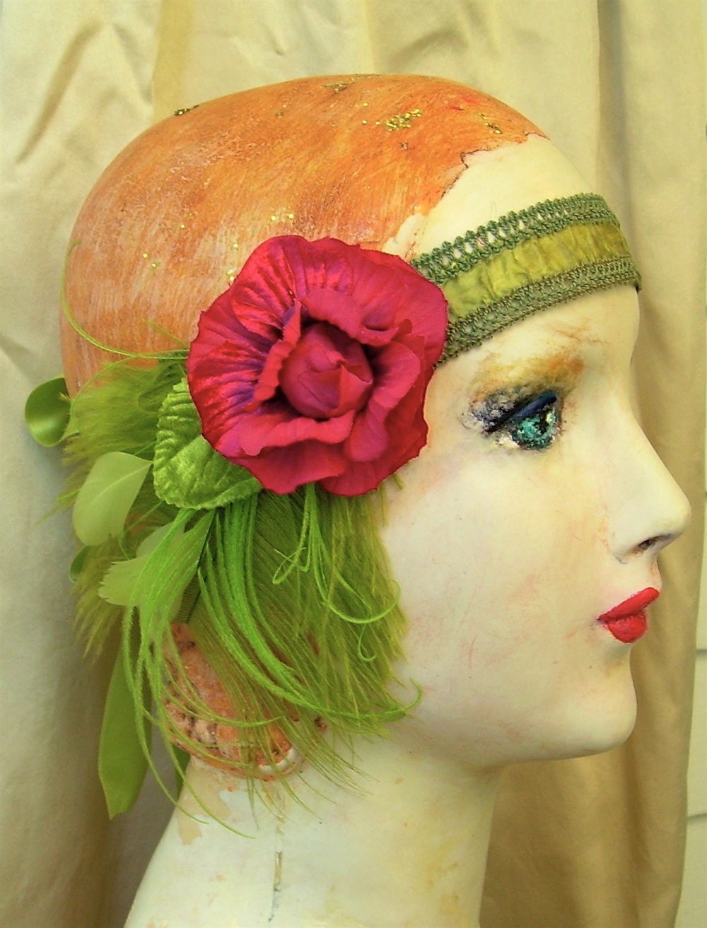 gibson girl - flapper art nouveau headband in chartreuse and spring green with dark pink vintage flower