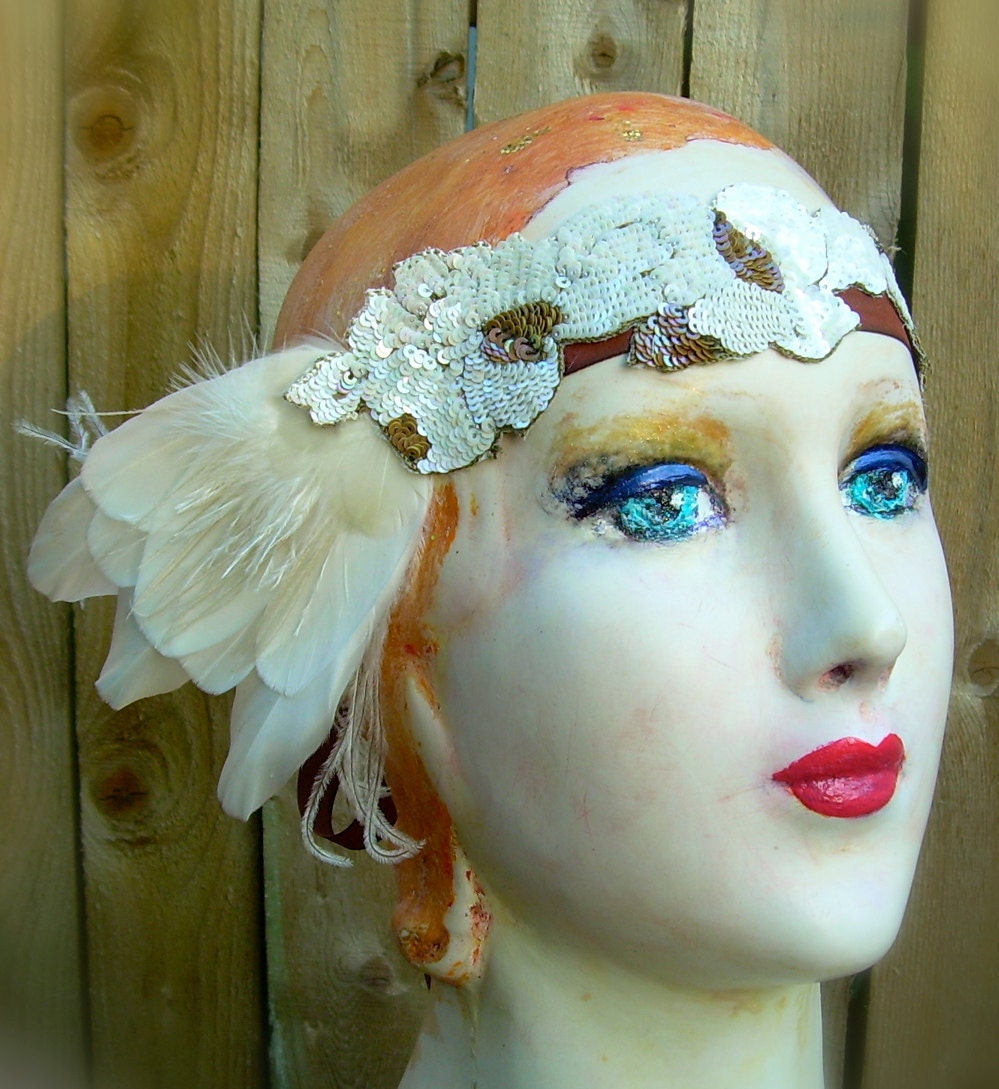 eloise - art nouveau flapper headband of vintage sequined flowers and cruelty free feathers in ivory and brown- last one