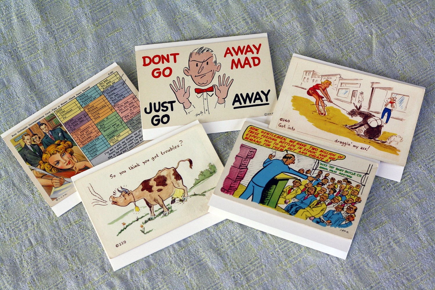 Vintage Comical Postcards Repurposed as Notecards w/ Envelopes (Set of 5)