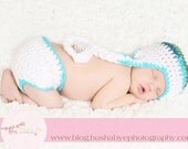 Newborn White and Turquoise Earflap Hat and Adorable Diaper Cover to Match