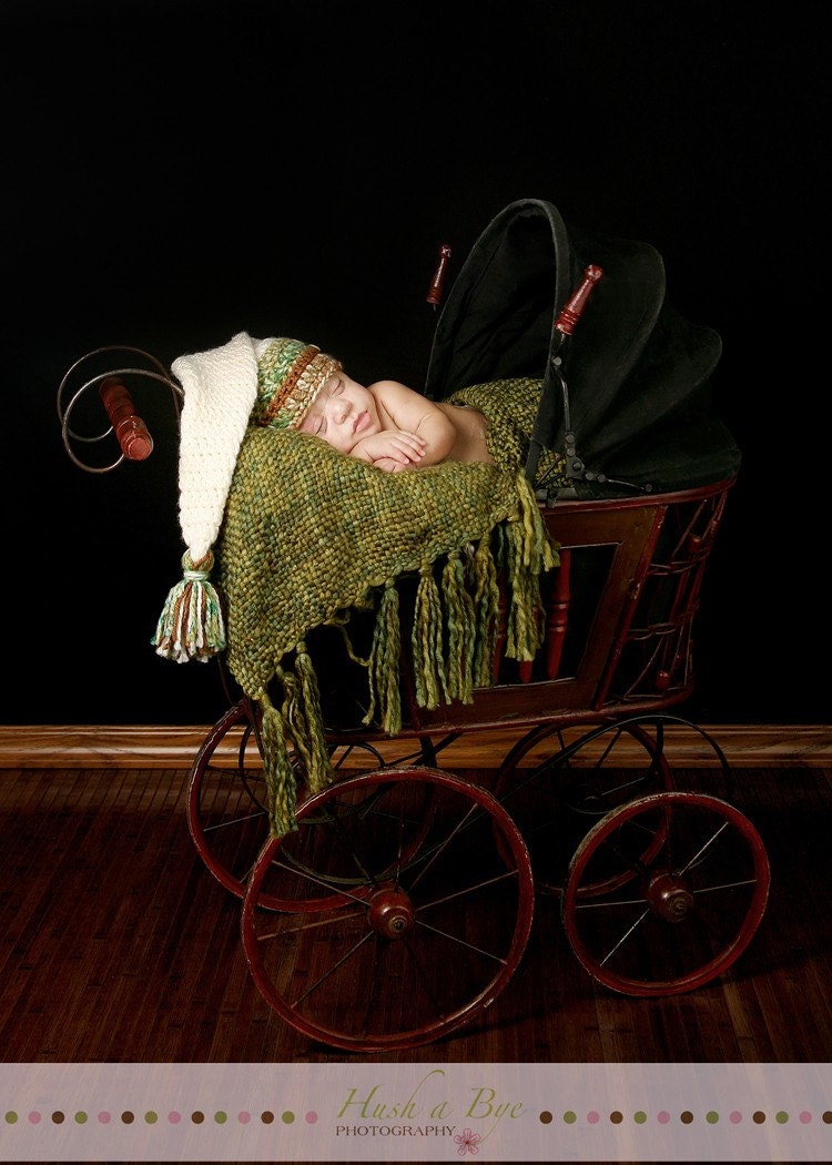 Newborn Adorable Long Cream and Variegated Brown and Green Striped and Buttons Stocking Hat