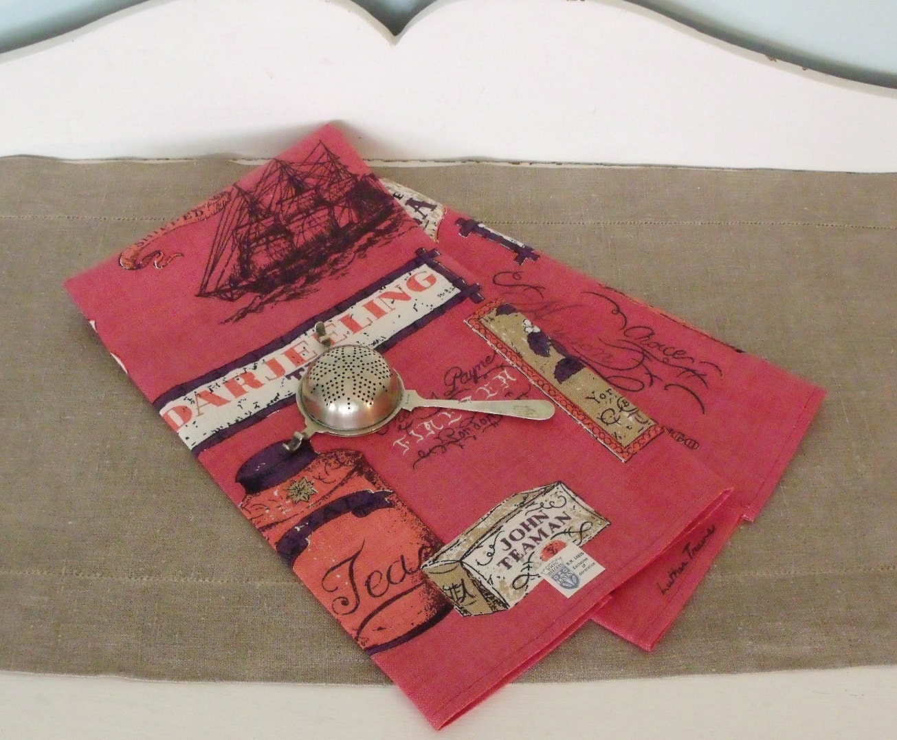 Vintage Luther Travis Linen Tea Towel and Tea Strainer