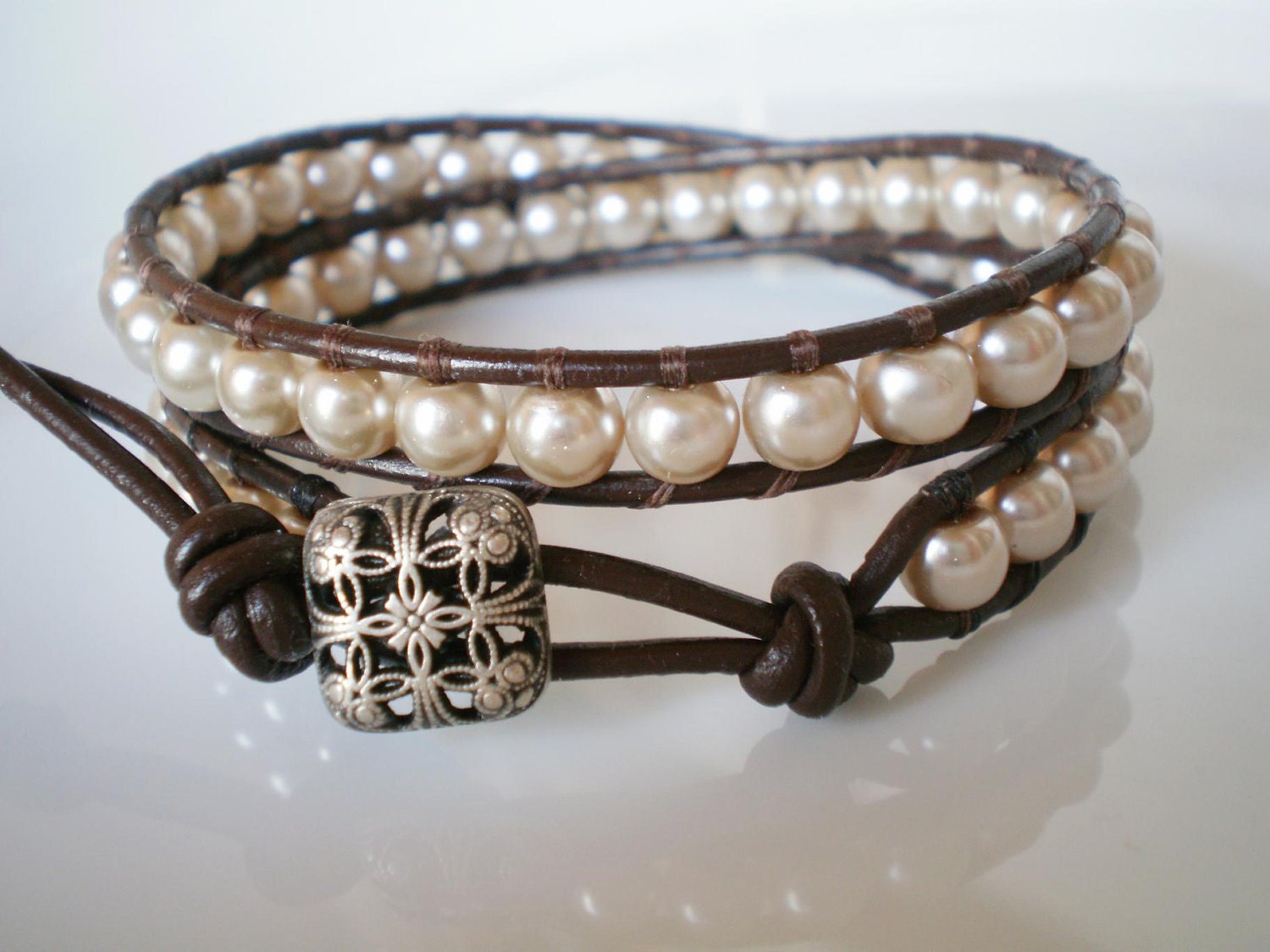 Leather Wrap Champagne Faux Pearls Filigree Button