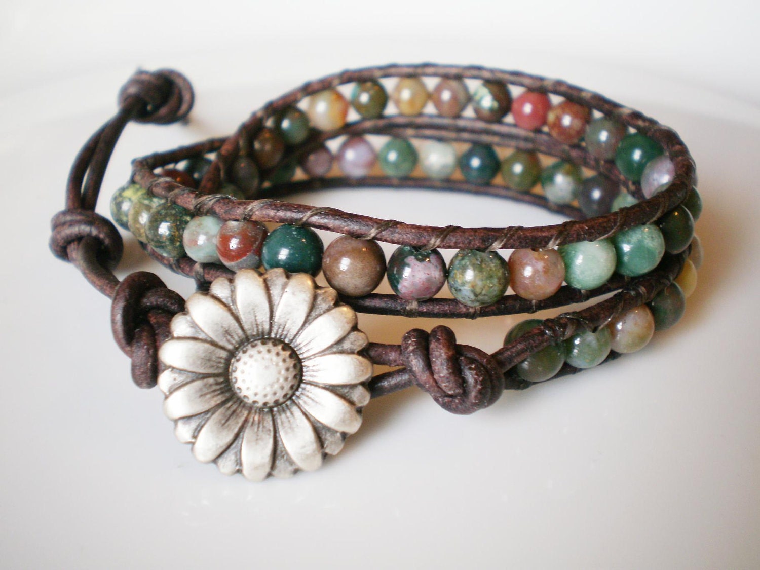 Leather Wrap Double Bracelet Fancy Jasper w Daisy Button under 40 under 50