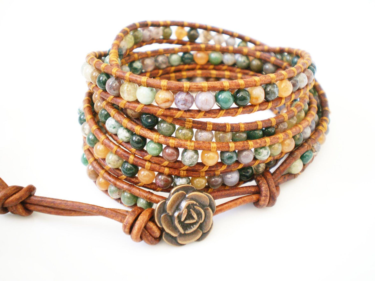 Fancy Jasper 5X leather wrap bracelet Rose Button