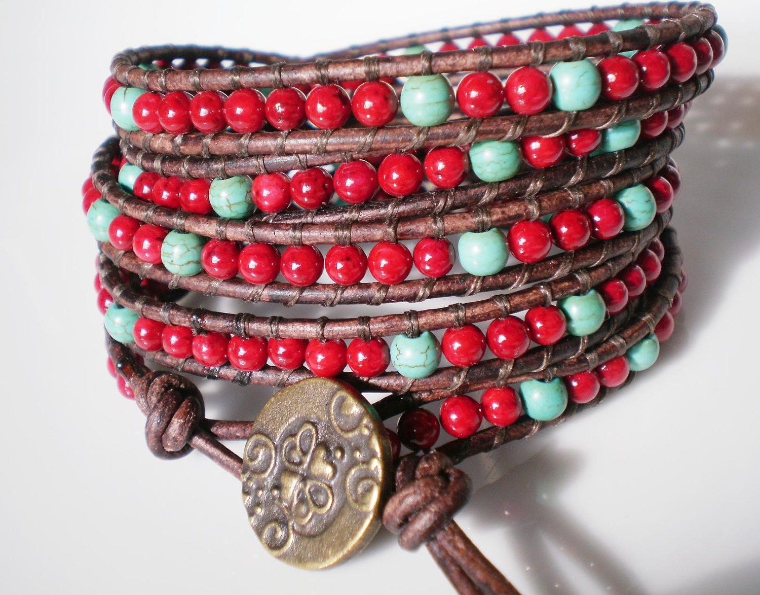Black Friday Cyber MondaySouthwest Style, Wild wild west Leather Wrap Bracelet 5X red w turquoise
