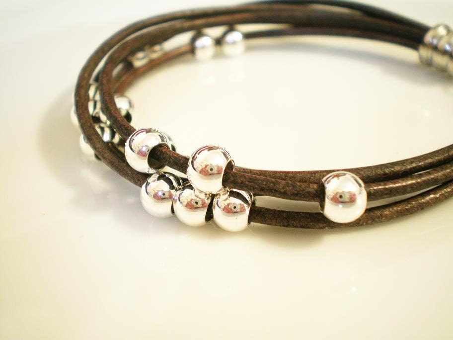 5 Strand Leather Bracelet w Silver Plated Beads & Clasp