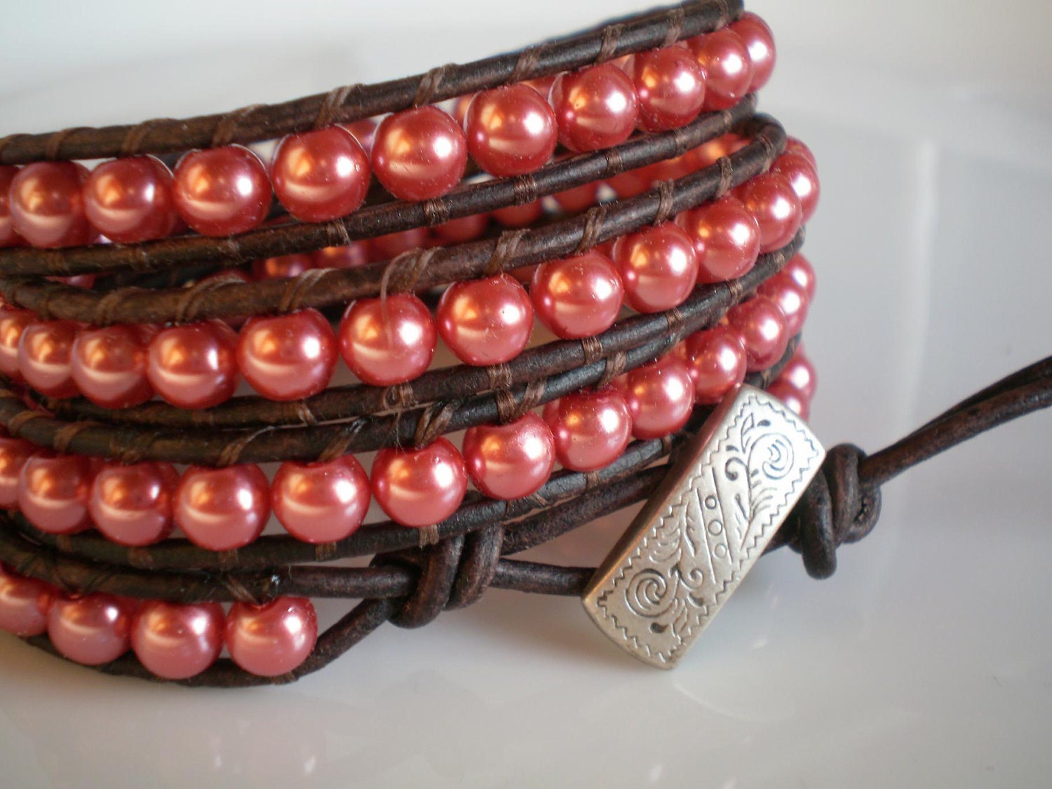 Four Wrap Leather Bracelet Easter Egg Colors Deep Pink Faux Pearls