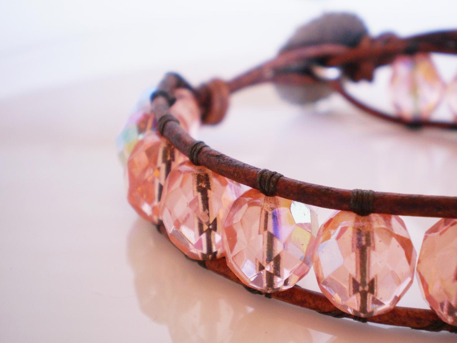 Flower Jewelry Single Leather Wrap Bracelet Pale Pink Czech Glass Daisy