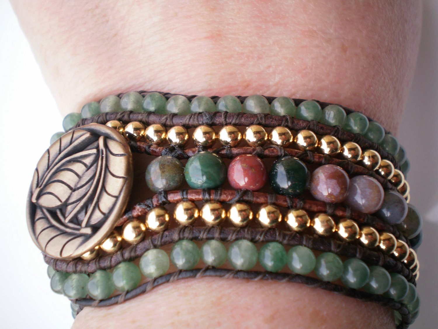 5 Row Beaded Cuff Leather Jasper Green Aventurine