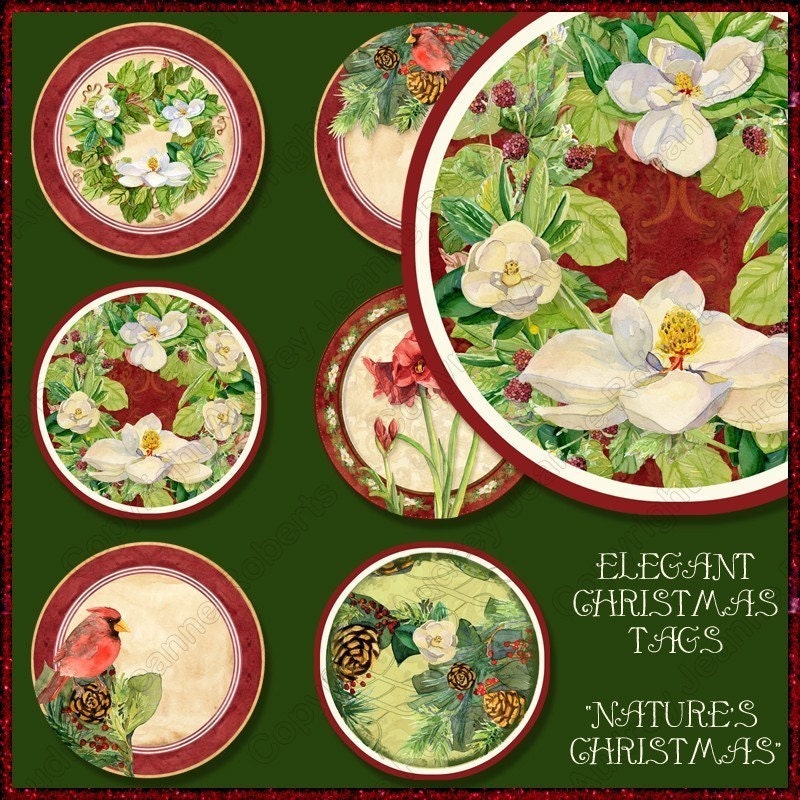 Nature's Christmas Magnolia Wreath Berry Pine Boughs AJR-217 3 inch circles cones amaryllis traditional red green holiday damask gift tags