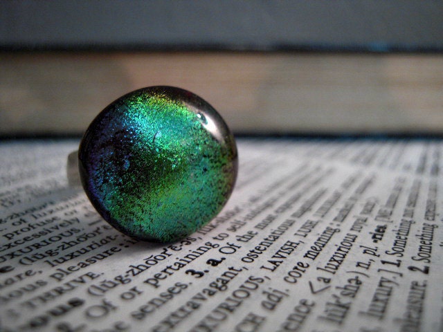 Blue Green Dichroic Ring - Sparkly Glass Cab on Ox Silver