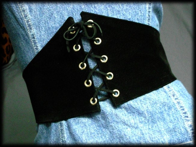 6 inch black suede leather corset elastic cinch belt Renn Style