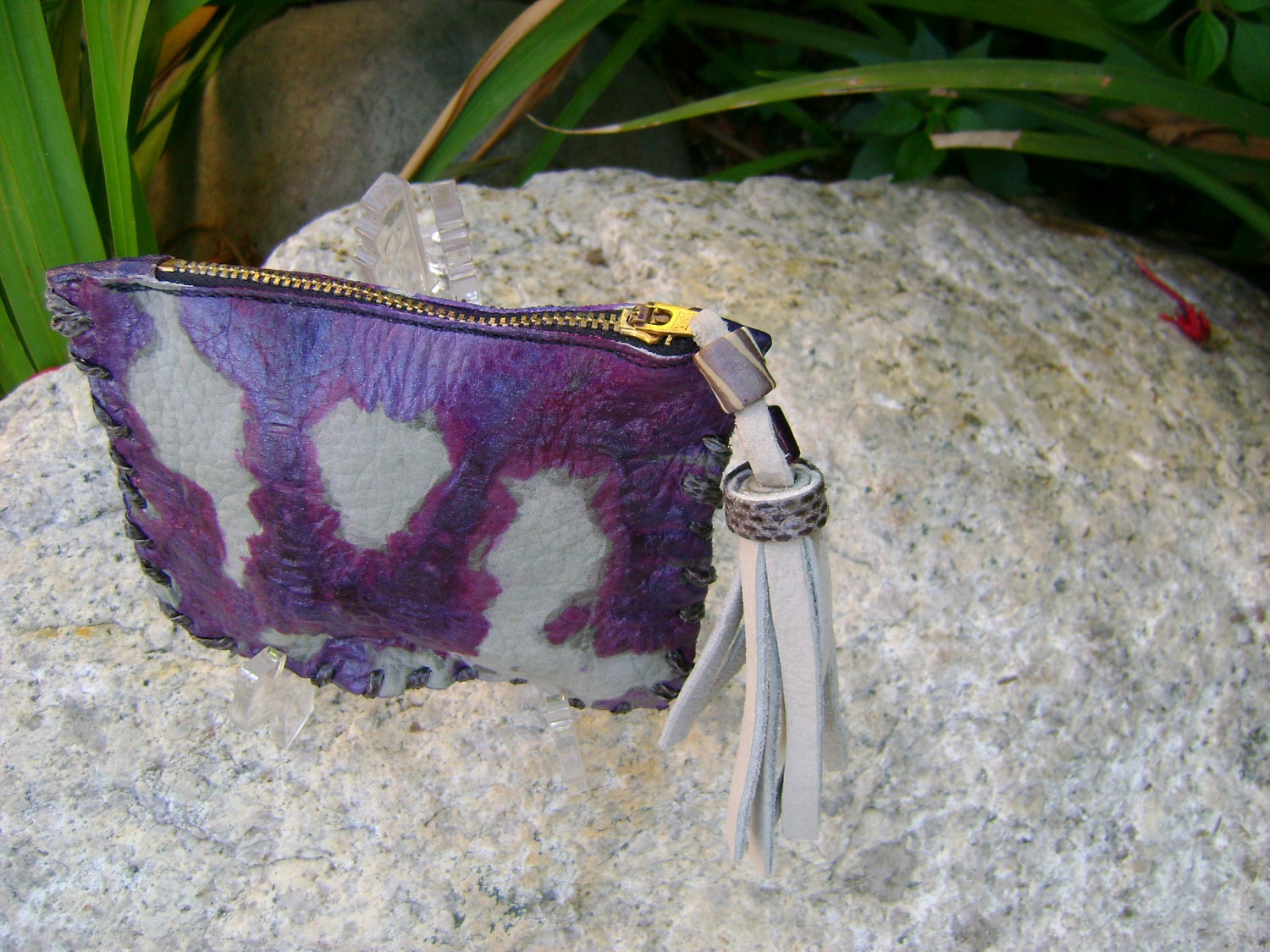 Custom Gray Purple Leather Tie Dye Clutch, Coin Purse, Pouch, Make Up Bag