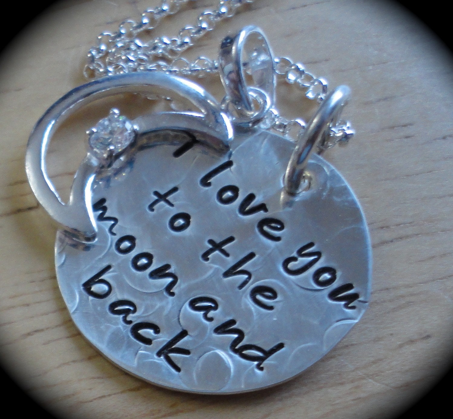 Handstamped Sterling Silver Necklace - i love you to the moon and back  w/ CZ moon charm