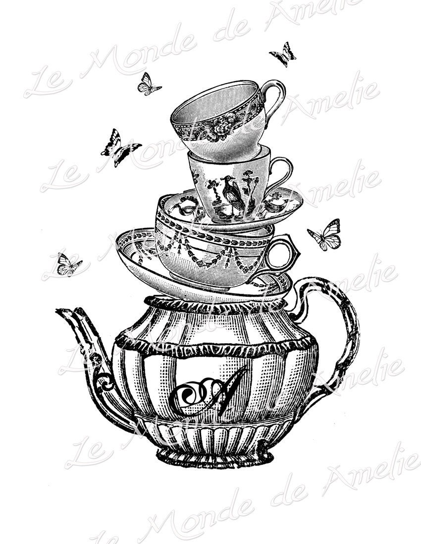 Tea with Alice wonderland tea cup mad hatter fantasy graphic art ephemera gift tag label napkins burlap pillow large image Sheet n.127