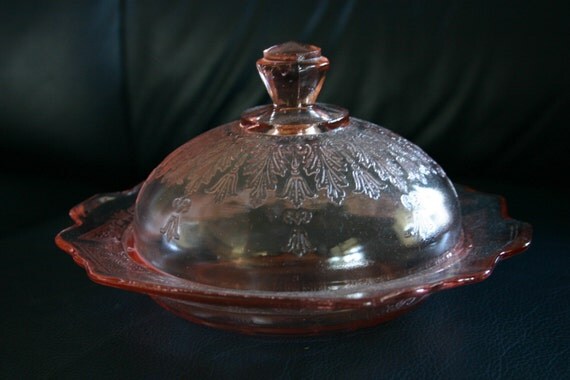 pink depression butter dish