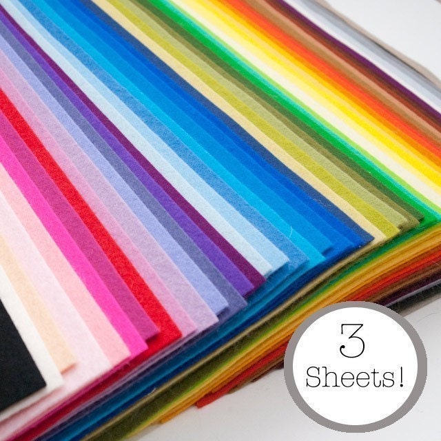 100% Wool Felt- 3 Sheets- Your Choice of Colors