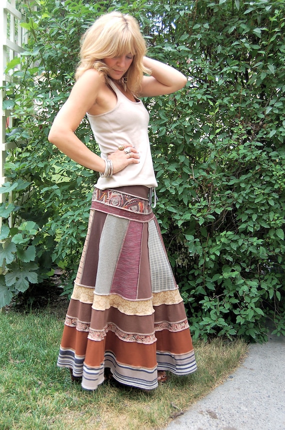Eco long boho SKIRT, clothing, upcycled,  patchwork, repurposed jersey, brown mix, festival,size S/M, by Zasra