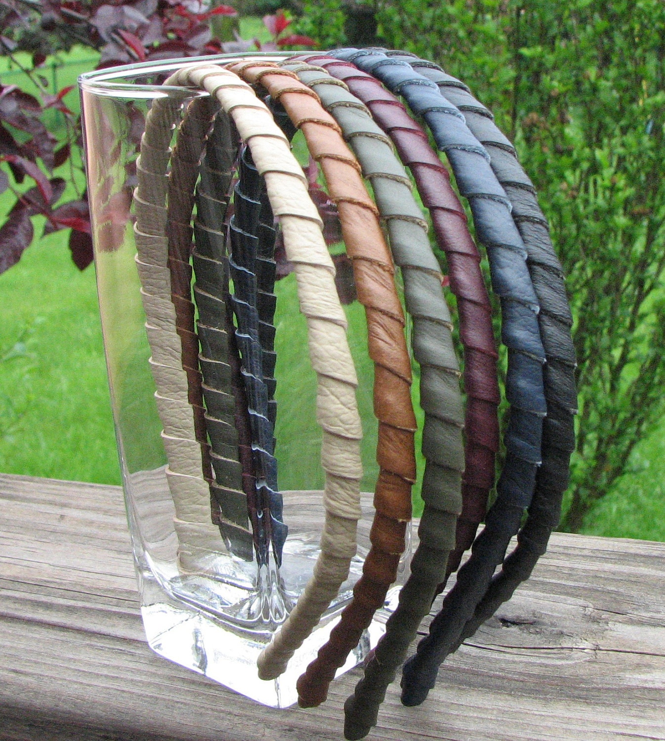 Leather wrapped metal headband, choice of taupe, lt. brown, olive green, burgundy, navy blue, black woodland wedding 3 year anniversary gift