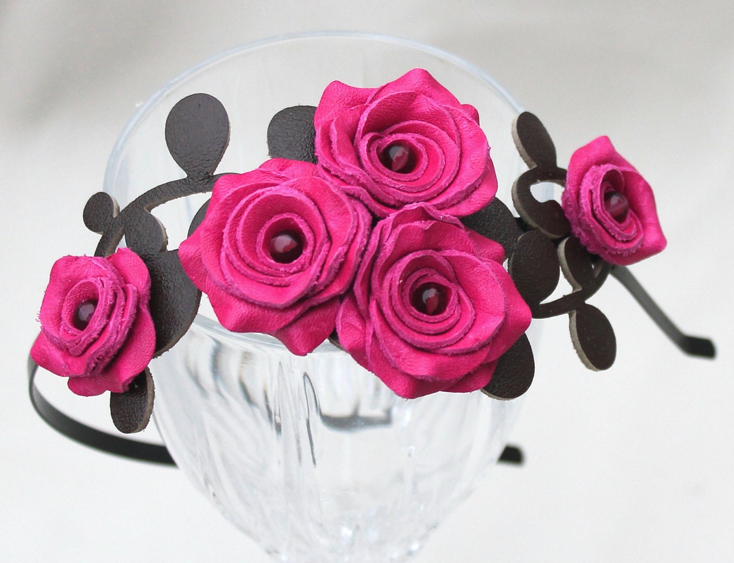 Hot pink flower headband leather fuchsia roses green leaves bridal hairband woodland wedding floral tiara 3 year anniversary gift