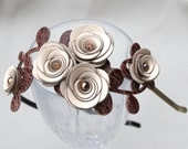 Cream flower headband leather roses brown leaves bridal hairpiece woodland wedding floral hair accessory shabby chic