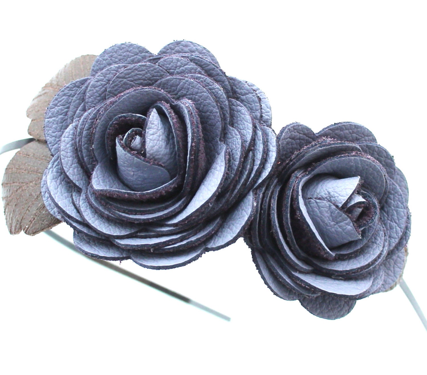 Periwinkle flower headband fascinator leather roses green leaves woodland wedding bridal hairpiece 3 year anniversary gift