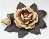 Leather flower pin, champagne yellow rose with moss green leaves woodland wedding corsage decoration floral brooch 3 year anniversary gift