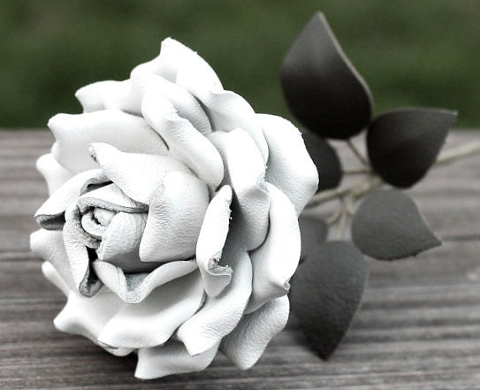 Long Stem White Leather Rose, Wedding 3 Year Anniversary Gift Valentines Day