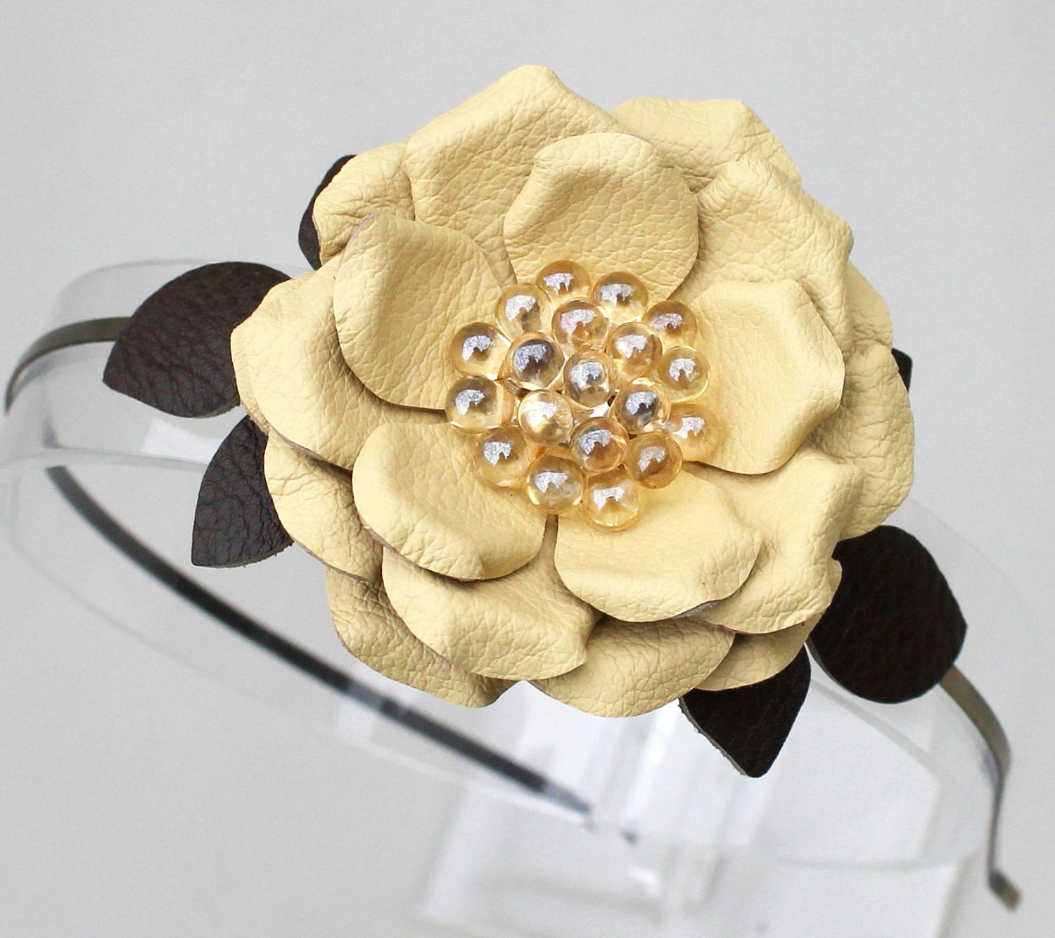 Yellow flower headband leather fascinator green leaves beaded center woodland wedding bridal hairpiece 3 year anniversary gift