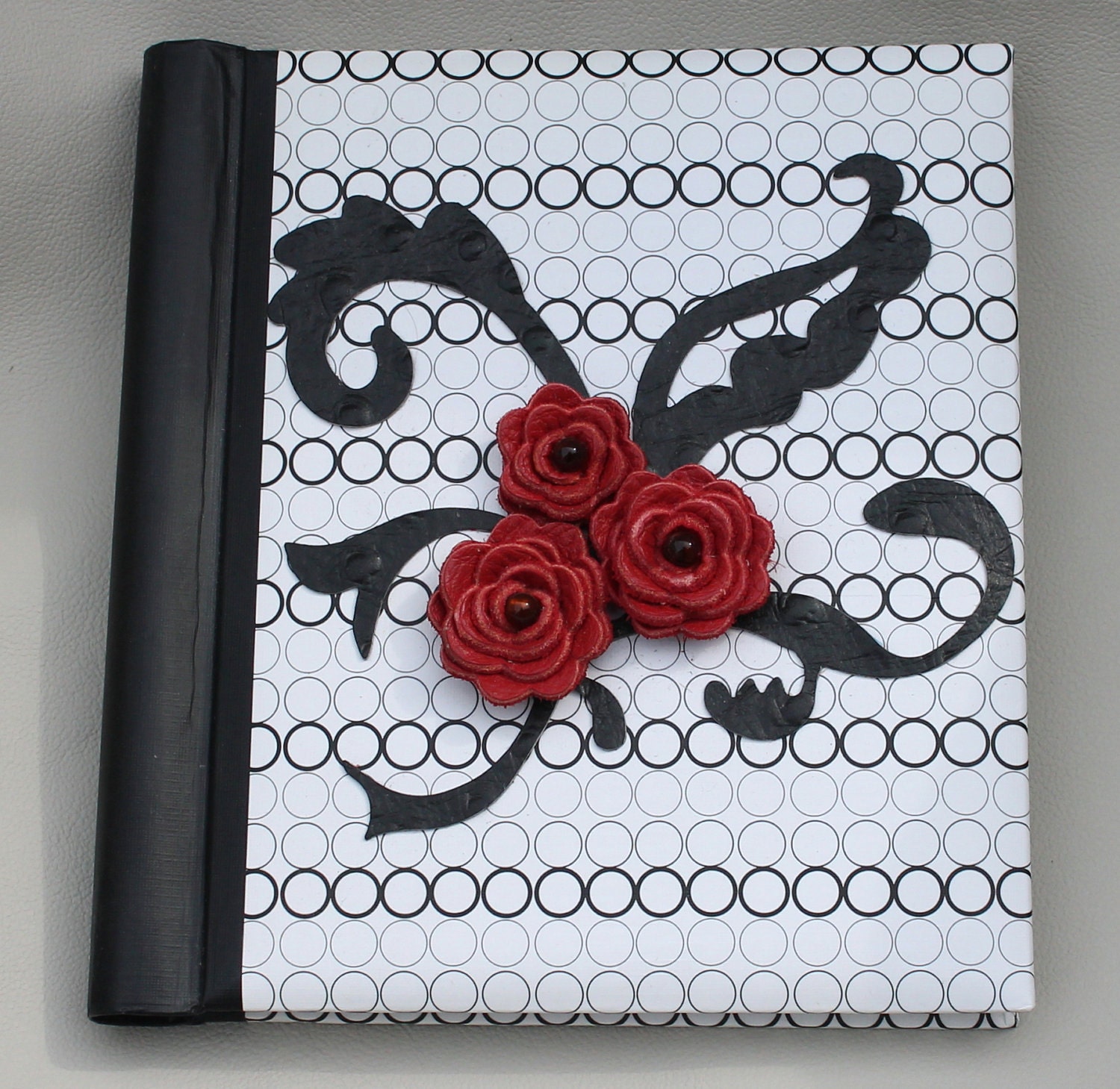 Black/ White Photo Album With Red Leather Roses Third Wedding Anniversary Gift