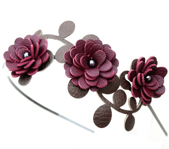 Burgundy flower headband leather mums fall by
