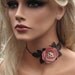 Flower leather necklace choker, honeysuckle pink rose, moss green leaves, pearl center on black leather cord 3 year anniversary gift