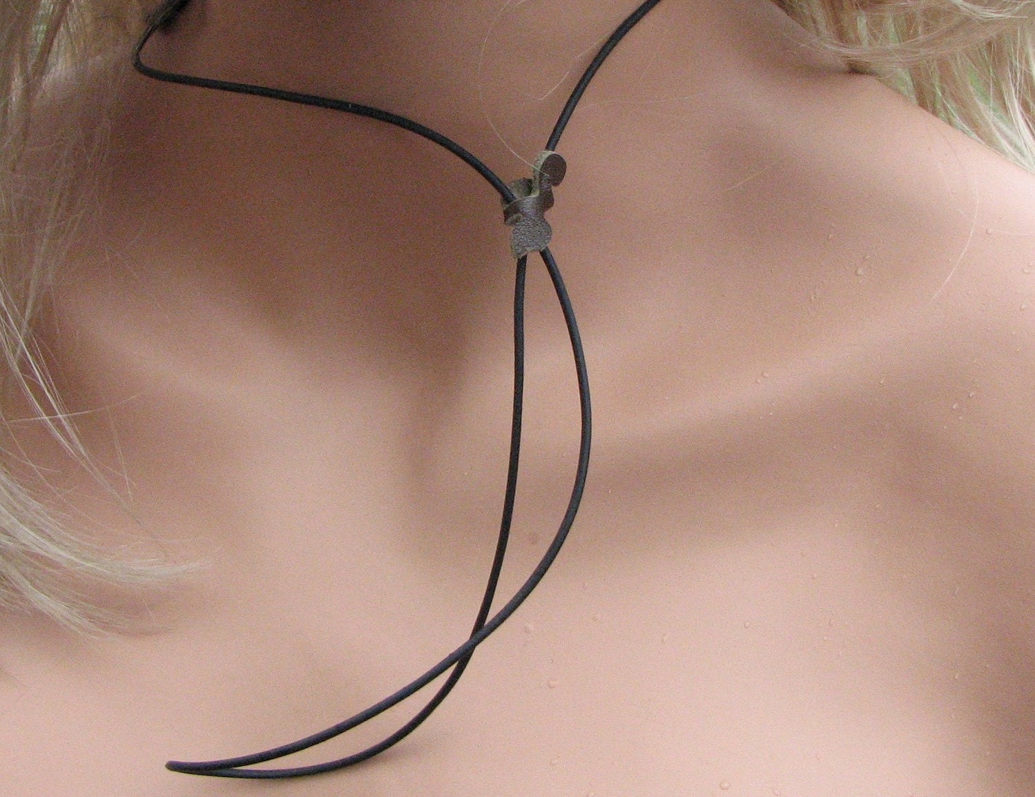 Flower leather necklace choker, honeysuckle pink rose, moss green leaves, pearl center on black leather cord 3 year anniversary gift