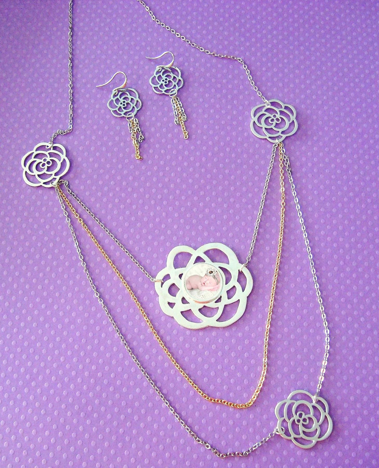 Photo Jewelry Set Flower Pendant two tone multi chain with Earrings