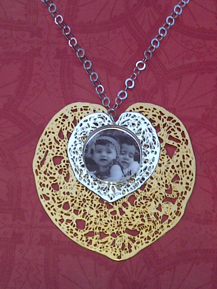 Photo Jewelry Set Heart Photo Pendant two tone with Earrings