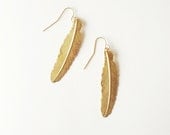 Gold Feather Earrings - Long Feather Earrings Gold Bohemian Earrings Gold Tribal Earrings Nature Inspired Elegant Romantic Whimsical Dreamy