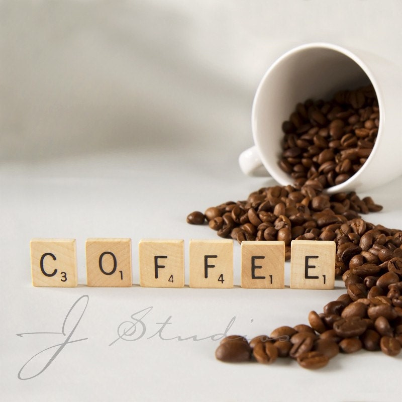 Coffee Art Print, Fine Art Photography Print, Beans Scrabble Tiles Cup Mug Express - j2studiosphotography