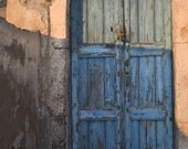 Blue Wooden Door, Fine Art Door Photography Print, Weathered Rustic Wooden Door Orange Sunset  Pictures of Greece